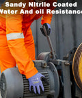 Worker using machine with sandy nitrile coated gloves, showing water and oil resistance and durability for industrial applications.