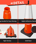 Close-up of 8 Pack 28 Inch Traffic Safety Cones with ring handle, reflective bands, heavy base, and flexible PVC for safety.