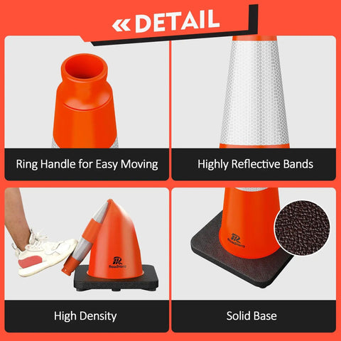 Close-up of 8 Pack 28 Inch Traffic Safety Cones with ring handle, reflective bands, heavy base, and flexible PVC for safety.