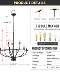 Diagram of 9 Light Black Candle Chandelier For Dining Room And Living Room Over Table Modern Fixture With E12 Sockets details