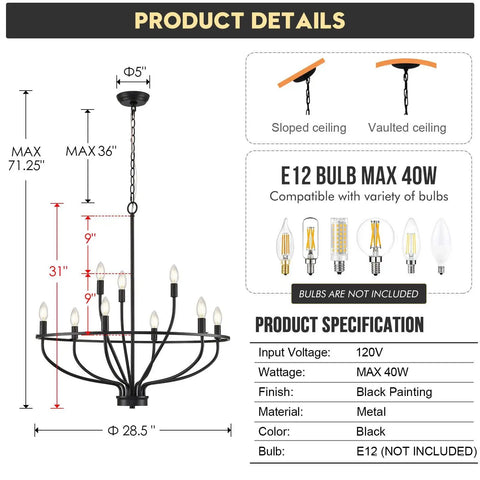 Diagram of 9 Light Black Candle Chandelier For Dining Room And Living Room Over Table Modern Fixture With E12 Sockets details