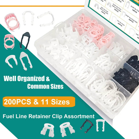 Massive 200 Piece Fuel Line Retainer Clip Kit With 11 Sizes Nylon Clips for Ford GM Chrysler Repair, organized in box