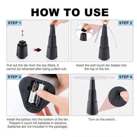 Guide showing how to assemble Four Pack Portable Fly Fans For Tables Indoors Outdoors Battery Powered Tabletop Fans.