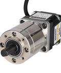 Geared NEMA 14 stepper motor with integrated planetary gearbox; front view shows silver flange with 4 mounting holes