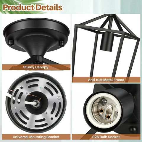 Close-up of Two Pack Farmhouse Semi Flush Mount Ceiling Lights For Hallways And Entryways Industrial Close To Ceiling Black Lighting Fixtures For Kitchen Foyer And Laundry Durable Metal Construction showing metal frame, canopy, and E26 socket.