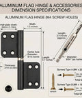 Dimensions and parts of Six Pack 4 Inch Lift Off Flag Hinges Kit With Self Centering Drill Bit And 54 Screws Black Offset Hinges