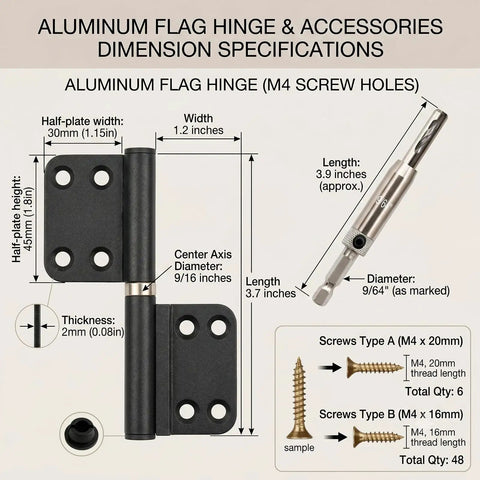 Dimensions and parts of Six Pack 4 Inch Lift Off Flag Hinges Kit With Self Centering Drill Bit And 54 Screws Black Offset Hinges