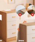 White Rubber Corner Protectors Self Adhesive Baseboard Guards Thickened Furniture Wall Bumpers shown on a dresser demonstrating before and after use.