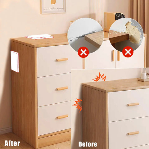 White Rubber Corner Protectors Self Adhesive Baseboard Guards Thickened Furniture Wall Bumpers shown on a dresser demonstrating before and after use.