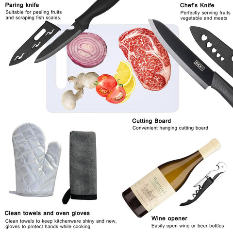 All In One 31 Piece Camping Utensils Set with knives, cutting board, gloves, and wine opener for outdoor cooking.