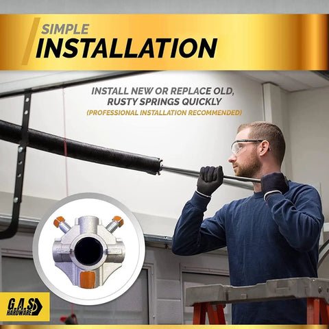 Installer using torsion spring swap for garage door 218x2x24 with 1 inch bearing and winding bars right hand wound for left cone
