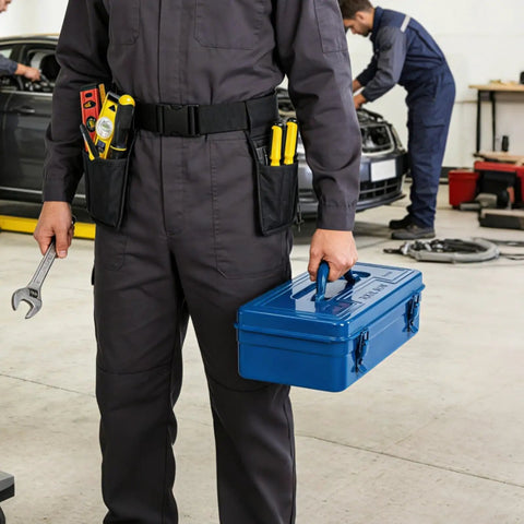 Technician holding a blue Portable Steel Toolbox 16 Inch With Double Latch Closure And Easy Carry Handle in a garage.