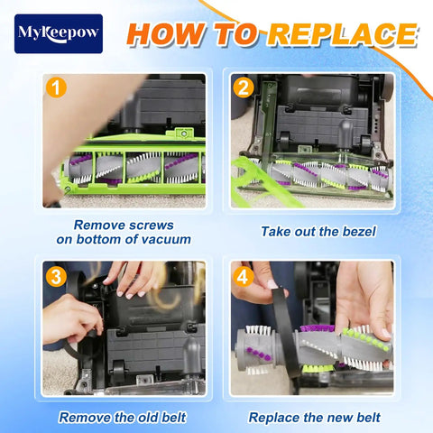 Bissell Vacuum Belt Replacement 3 Pack Compatible With Style 7 9 10 12 14 16 Upright Vacuums Easy Install Durable Belts For Smooth Suction Secure Fit Quiet Operation No Tools Required For Easy Replacement installation guide showing four belt replacement steps on vacuum head
