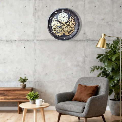 Vintage 18 Inch Wall Clock Featuring Smooth Moving Metal Gears Quiet Silent Battery Operated Accent on concrete wall.