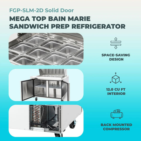 Heavy Duty Kitchen Bad Boy Commercial Sandwich Prep Refrigerator With Bain Marie Well And Eighteen Pan Capacity Built Like A Tank For Serious Meal Prep And Top Tier Cold Storage, showing stainless steel top with pan slots.