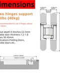 Heavy Duty 6 Inch Hidden Door Hinges 180 Degree Flush Mount Concealed Butt Hinge dimensions with support details and groove measurements.