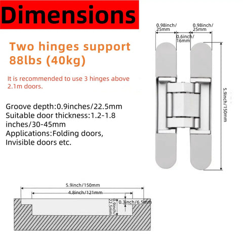 Heavy Duty 6 Inch Hidden Door Hinges 180 Degree Flush Mount Concealed Butt Hinge dimensions with support details and groove measurements.