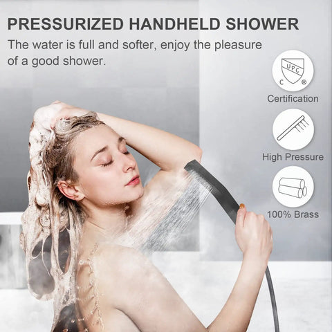 Woman using Dope Matte Black Shower Faucet Set With 10 Inch Luxury Brass Rain Shower Head And Handheld Spray High Pressure