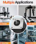 Nema 17 stepper motor; silver square body with protruding shaft, close-up among 3D printer and CNC/automation equipment.