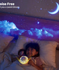 Child enjoying 6 In 1 Planetarium Projector Night Light With Nebula Moon And Planets Aurora, clouds and crescent moon on ceiling.
