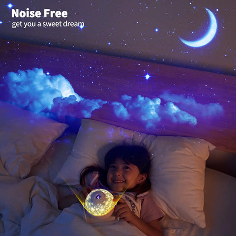 Child enjoying 6 In 1 Planetarium Projector Night Light With Nebula Moon And Planets Aurora, clouds and crescent moon on ceiling.