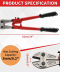 14 Inch Beefy Heavy Duty Bolt Cutter With CRV Steel Blades And Ergonomic Comfort Grip, specifications and dimensions shown