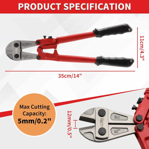 14 Inch Beefy Heavy Duty Bolt Cutter With CRV Steel Blades And Ergonomic Comfort Grip, specifications and dimensions shown