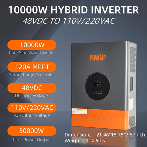 Straight Up Powerful 10000W Hybrid Solar Inverter with Built In 120A MPPT Charge Controller features 110V and 220V outputs.