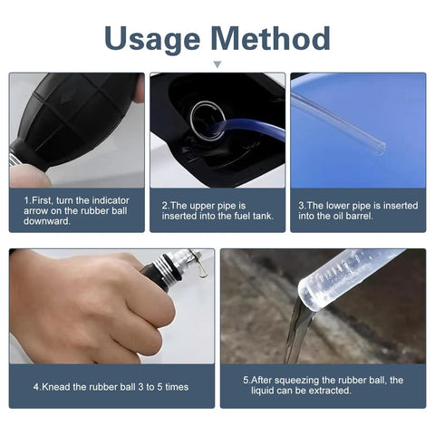 Hella Durable Handheld Fuel Transfer Pump With Leak Proof Check Valve process steps, rubber bulb adapter in use for gasoline dispensing.