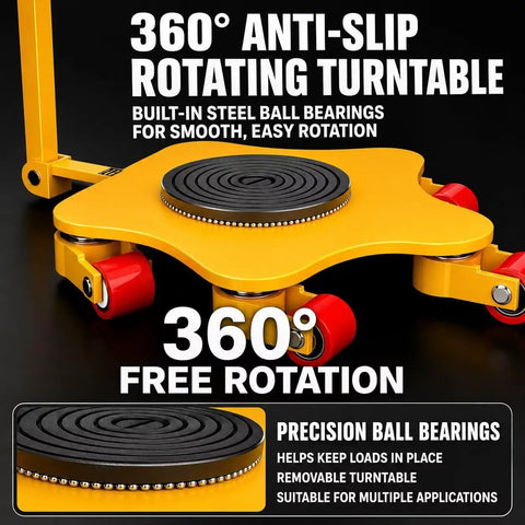Professional Grade Heavy Duty Industrial Machinery Movers 26455 Lb Capacity Stainless Steel Equipment Skates With Handle showing 360° anti-slip turntable.