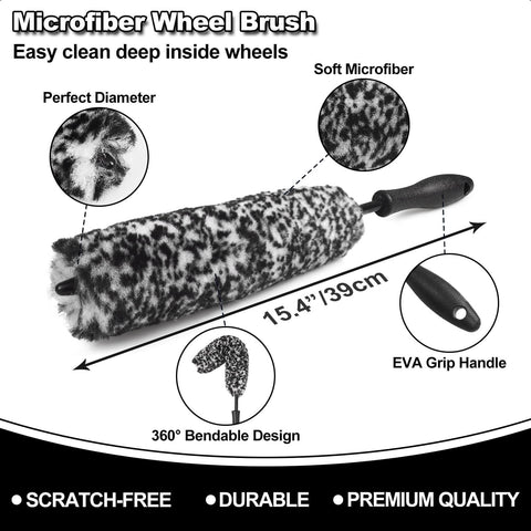 7 Piece Car Wheel Brush Kit With Soft Bristle Rim Cleaners Microfiber brush, 15.4-inch, soft microfiber, EVA grip, bendable design.