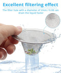 Close-up of hand holding Stainless Steel Sink Strainer Basket 2.25 Inch Drain Hair Catcher demonstrating filtering effect