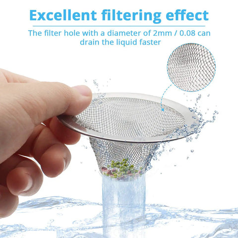Close-up of hand holding Stainless Steel Sink Strainer Basket 2.25 Inch Drain Hair Catcher demonstrating filtering effect