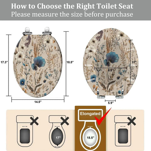 Decorative Elongated Toilet Seat for Bathroom with floral design, measuring 14.5" x 18.5" for size compatibility.