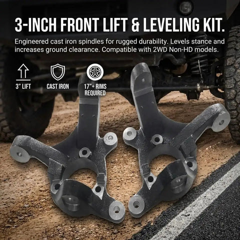 3 Inch Lift Suspension Kit With Spindles And Knuckles For 1999 To 2007 Silverado 1500 Tahoe Suburban 1500 C1500 Classic GMC Sierra 1500 Yukon Yukon XL And Cadillac Escalade, featuring engineered cast iron spindles for 2WD models with 17 inch rims.