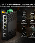 Industrial Ethernet Switch With Four Ports Plus One Uplink 10 100 Mbps Fanless DIN Rail And Wall Mount IP40 Aluminum Alloy Minus 40 To 75 C Operating Temp Includes Power Supply with features highlighted in text.