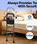 Senior Bed Rail With Remote Light And Height Adjust beside a bed showing height ranges and safety certifications