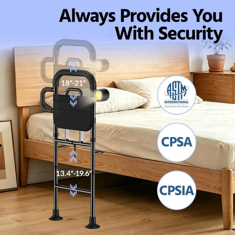 Senior Bed Rail With Remote Light And Height Adjust beside a bed showing height ranges and safety certifications