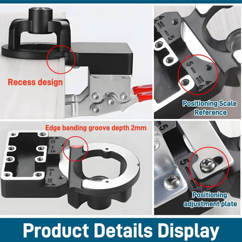 Concealed Hinge Jig With 35mm Hole Punch And Quick Clamp, Pro Grade Positioning Drill Guide for cabinet doors, close-up details.