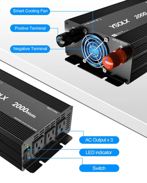 Tailgate Tested 2000W Power Inverter DC To AC Converter 12V To 110V with cooling fan, AC outlets, and LED indicator.