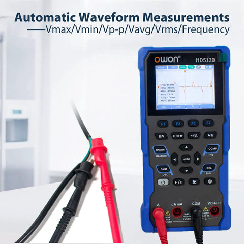 2 In 1 Oscilloscope And Multimeter For On The Go Techies showing automatic waveform measurements on screen