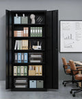 Heavy Gauge Steel Storage Cabinet With Two Doors And Five Adjustable Shelves, Seventy One Inch Tall Lockable Tool Box For Garage Or Office, Black Finish in modern office setup.