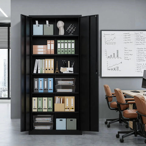 Heavy Gauge Steel Storage Cabinet With Two Doors And Five Adjustable Shelves, Seventy One Inch Tall Lockable Tool Box For Garage Or Office, Black Finish in modern office setup.