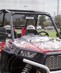 Auto Reset UTV Side Mirrors on a red Polaris RZR with 1.5 to 2.0 inch roll cages, no more hand adjustments, rugged mirrors showcased