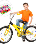 Boy on bike with 216 Piece Bicycle Spoke Beads Kit With Assorted Color Plastic Clip Beads for Wheel Decoration and storage box