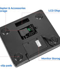 Rock Solid Digital Postal Scale For Packages Luggage And Mail showing adapter storage, LCD display, and anti-slip pads.
