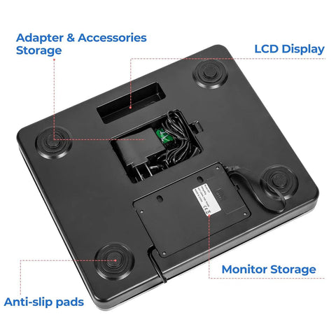 Rock Solid Digital Postal Scale For Packages Luggage And Mail showing adapter storage, LCD display, and anti-slip pads.