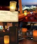Collage of Wireless Inductively Rechargeable Flameless LED Tealight Candles Replacements 12 Pack Warm White on restaurant tables