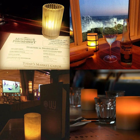 Collage of Wireless Inductively Rechargeable Flameless LED Tealight Candles Replacements 12 Pack Warm White on restaurant tables