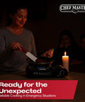 Woman using Portable Butane Camping Stove With Piezo Ignition And 7650 BTU Output for cooking during a power outage.